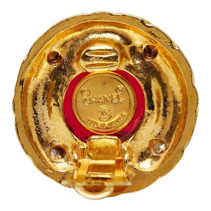 Chanel CC Logo Gripoix Vintage Round Earrings Gold Red Plated Glass Bijou — view 4