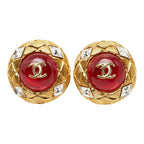 Chanel CC Logo Gripoix Vintage Round Earrings Gold Red Plated Glass Bijou — view 2
