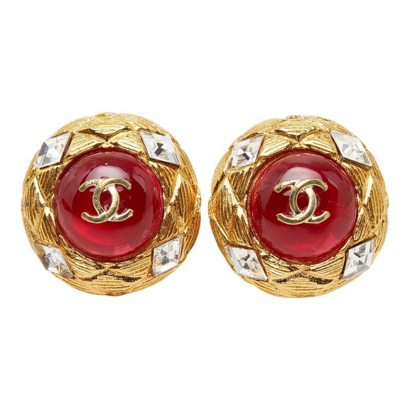 Chanel CC Logo Gripoix Vintage Round Earrings Gold Red Plated Glass Bijou — view 2