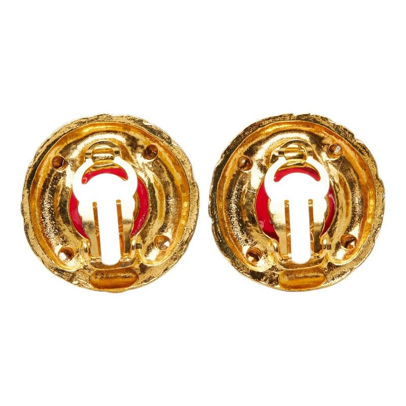 Chanel CC Logo Gripoix Vintage Round Earrings Gold Red Plated Glass Bijou — view 3