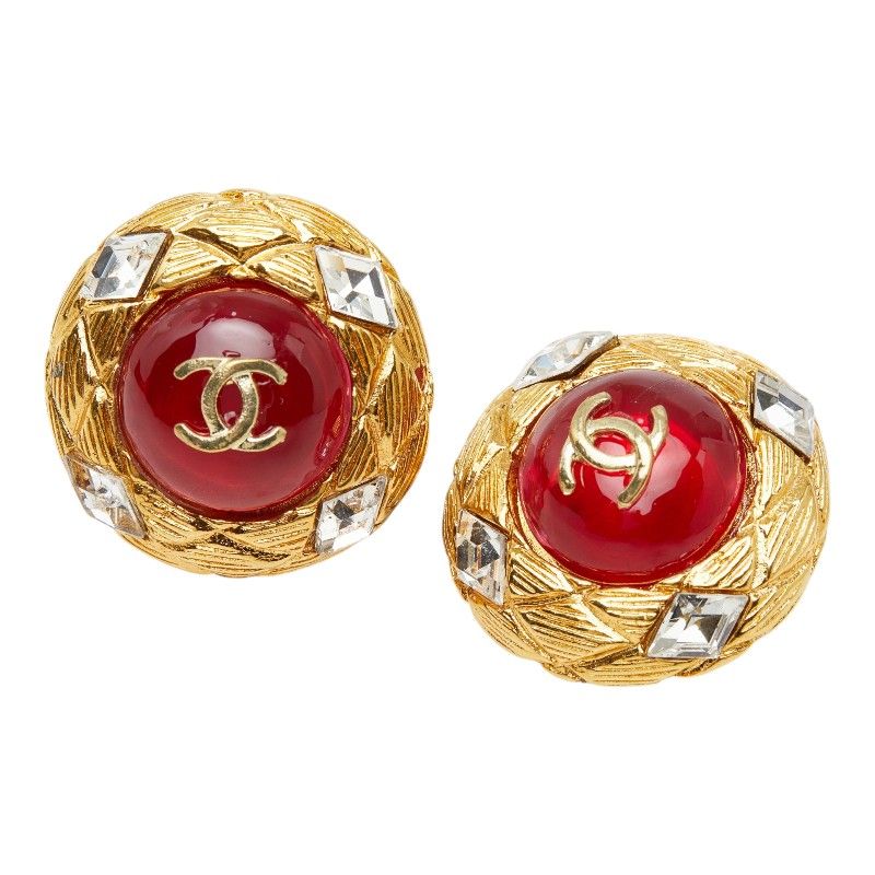 Chanel CC Logo Gripoix Vintage Round Earrings Gold Red Plated Glass Bijou