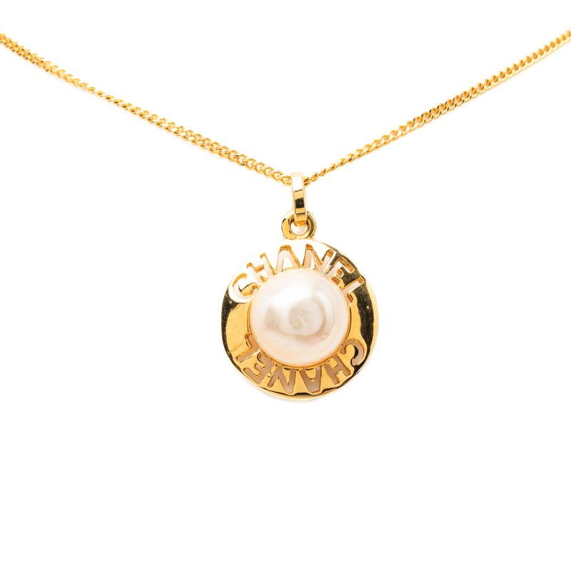 Chanel Vintage Circle Logo Necklace Gold Plated Faux Pearl