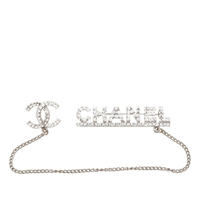 Chanel CC Logo Brooch Silver Metal Rhinestone