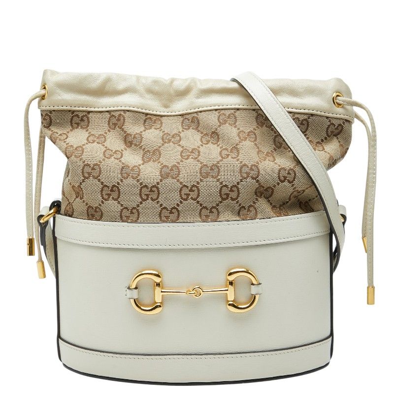 Gucci GG Canvas Horsebit Shoulder Bag Beige White