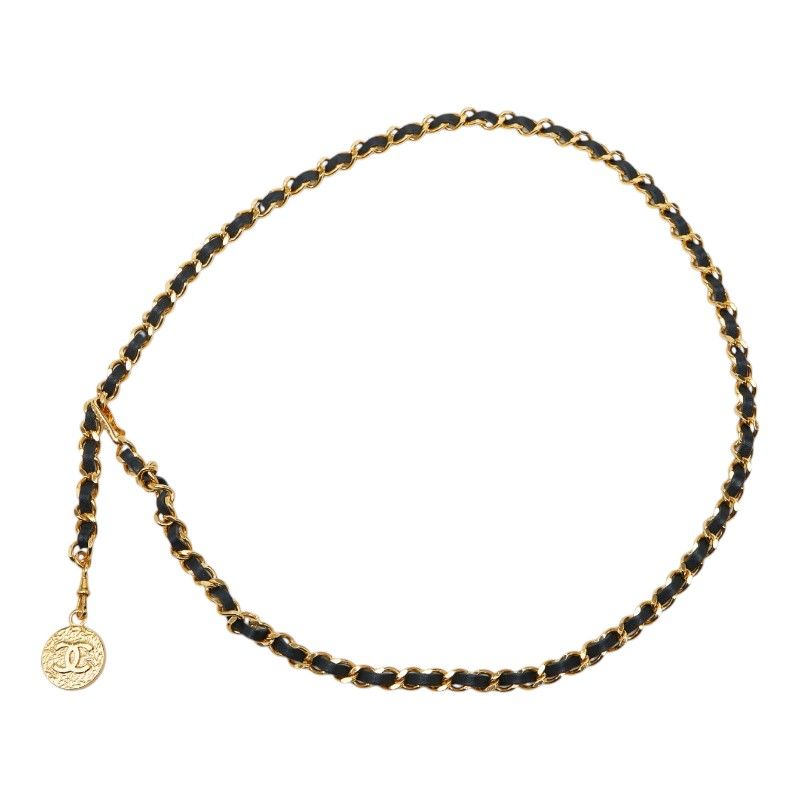 Chanel CC Logo Vintage Waist Chain Belt Gold Black Plated Leather