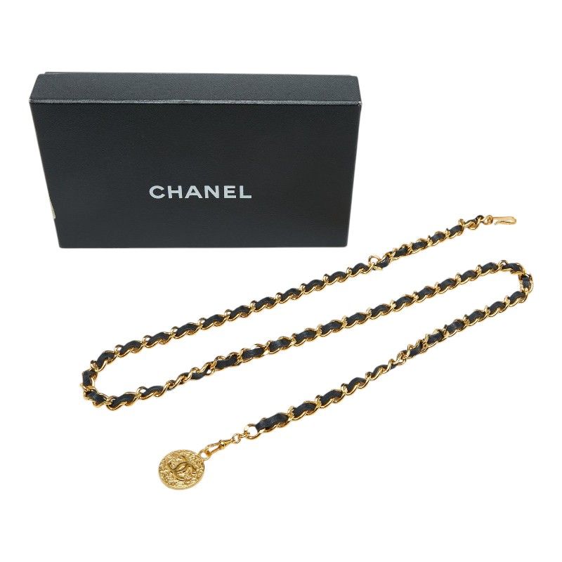 Chanel CC Logo Vintage Waist Chain Belt Gold Black Plated Leather — view 4