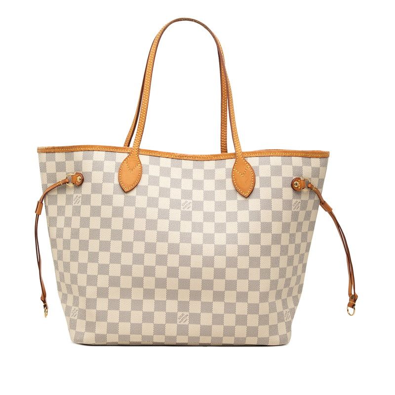 Louis Vuitton Damier Azur Neverfull MM Tote Shoulder Bag White Leather