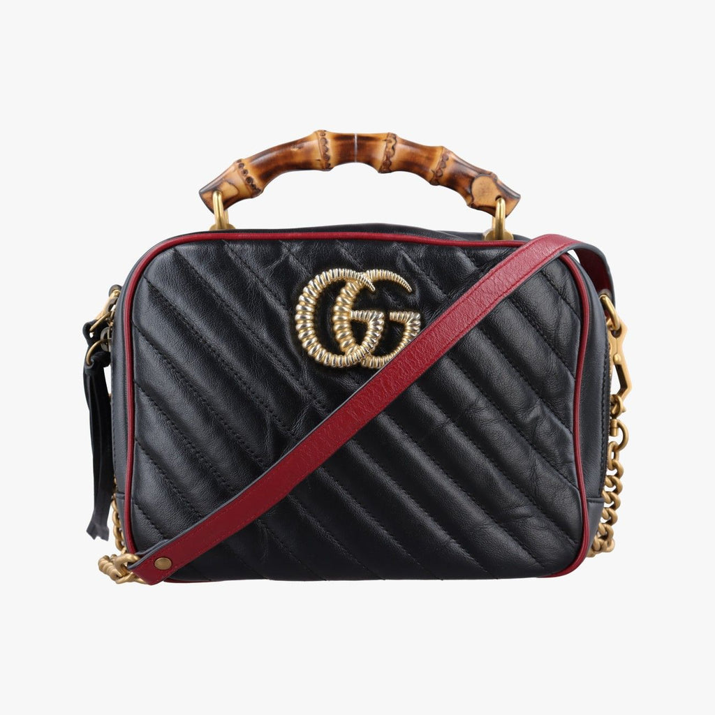 Gucci GG Marmont Bamboo Top Handle Black Red Leather
