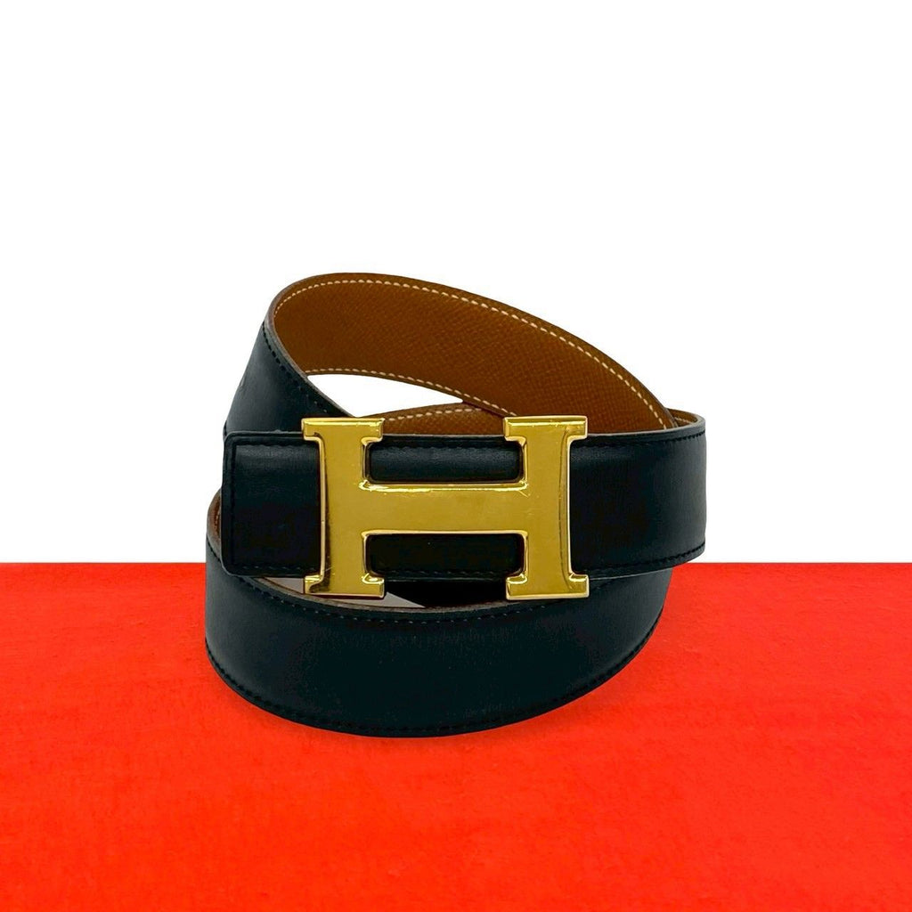 Hermes Vintage Constance Buckle 68 Leather Belt Black Gold