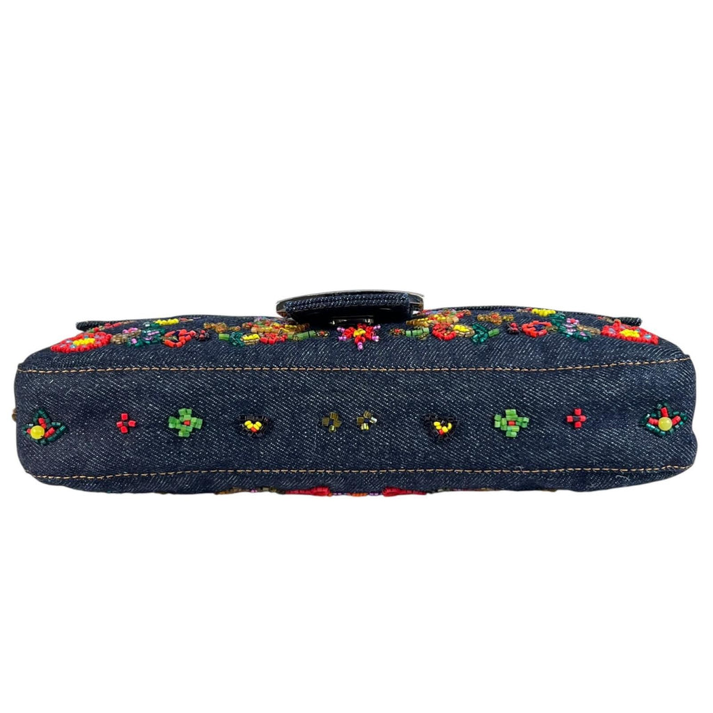 Fendi Mamma Baguette Handbag Denim Multicolor Beads Bijou Embroidery — view 4