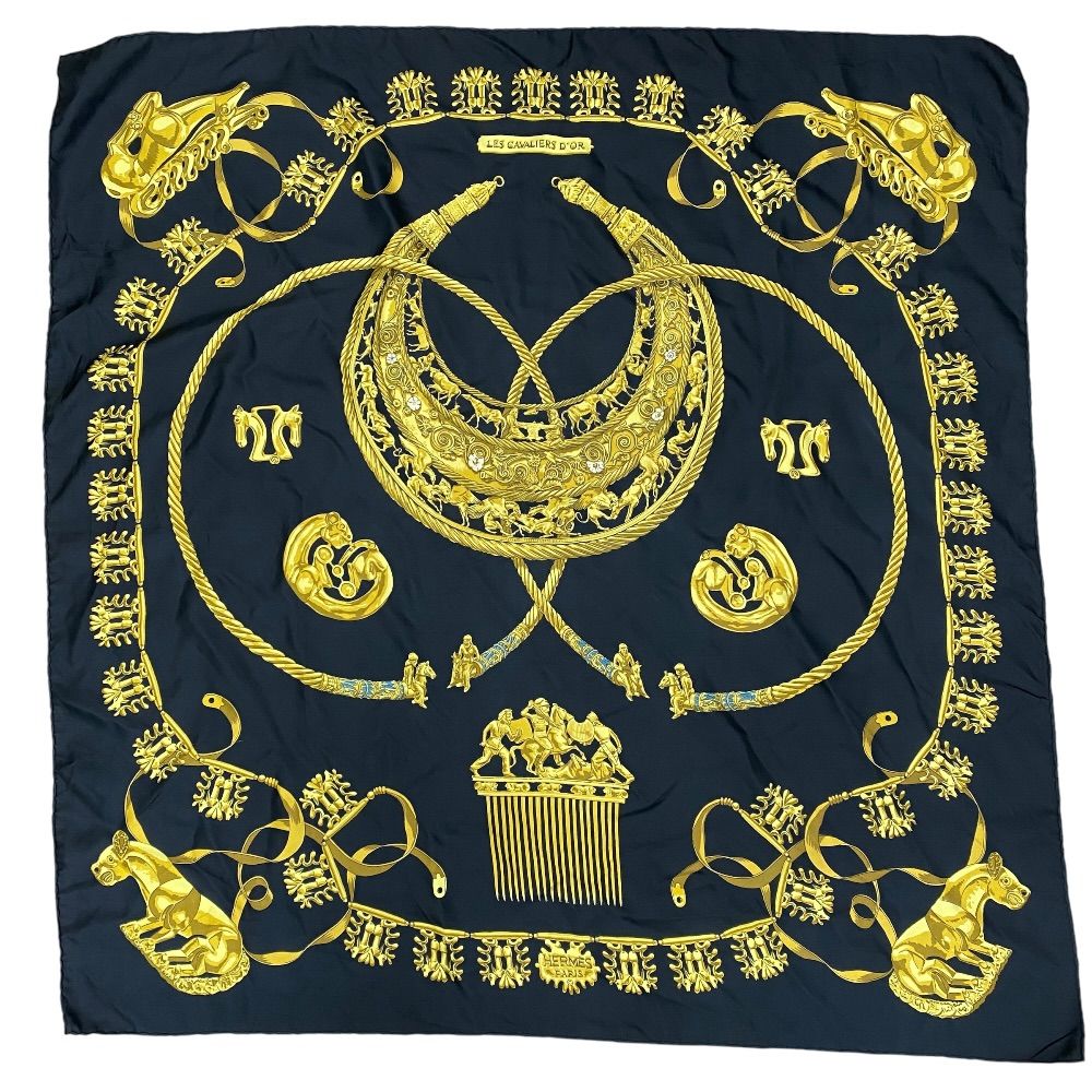 Hermes Yellow Golden Knight les Cavaliers D'or Carre 90 Scarf Shawl Silk Black