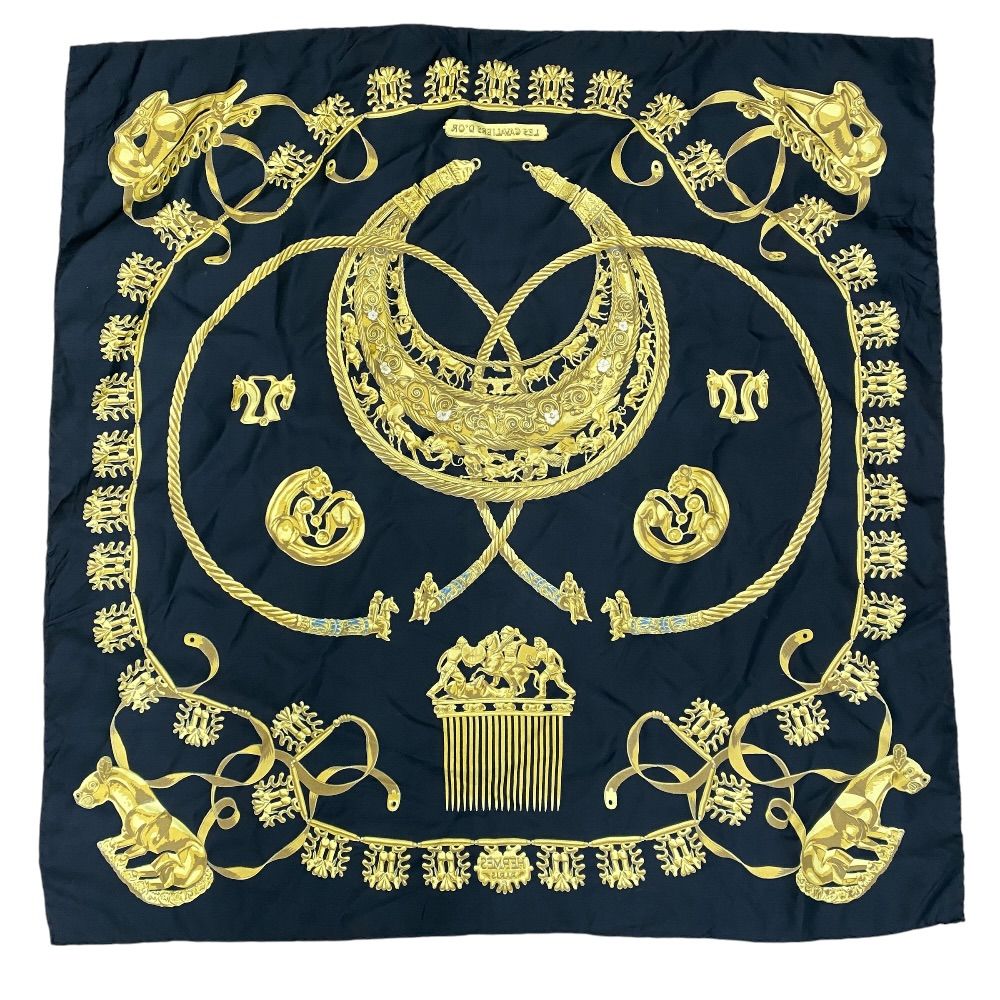 Hermes Yellow Golden Knight les Cavaliers D'or Carre 90 Scarf Shawl Silk Black — view 6