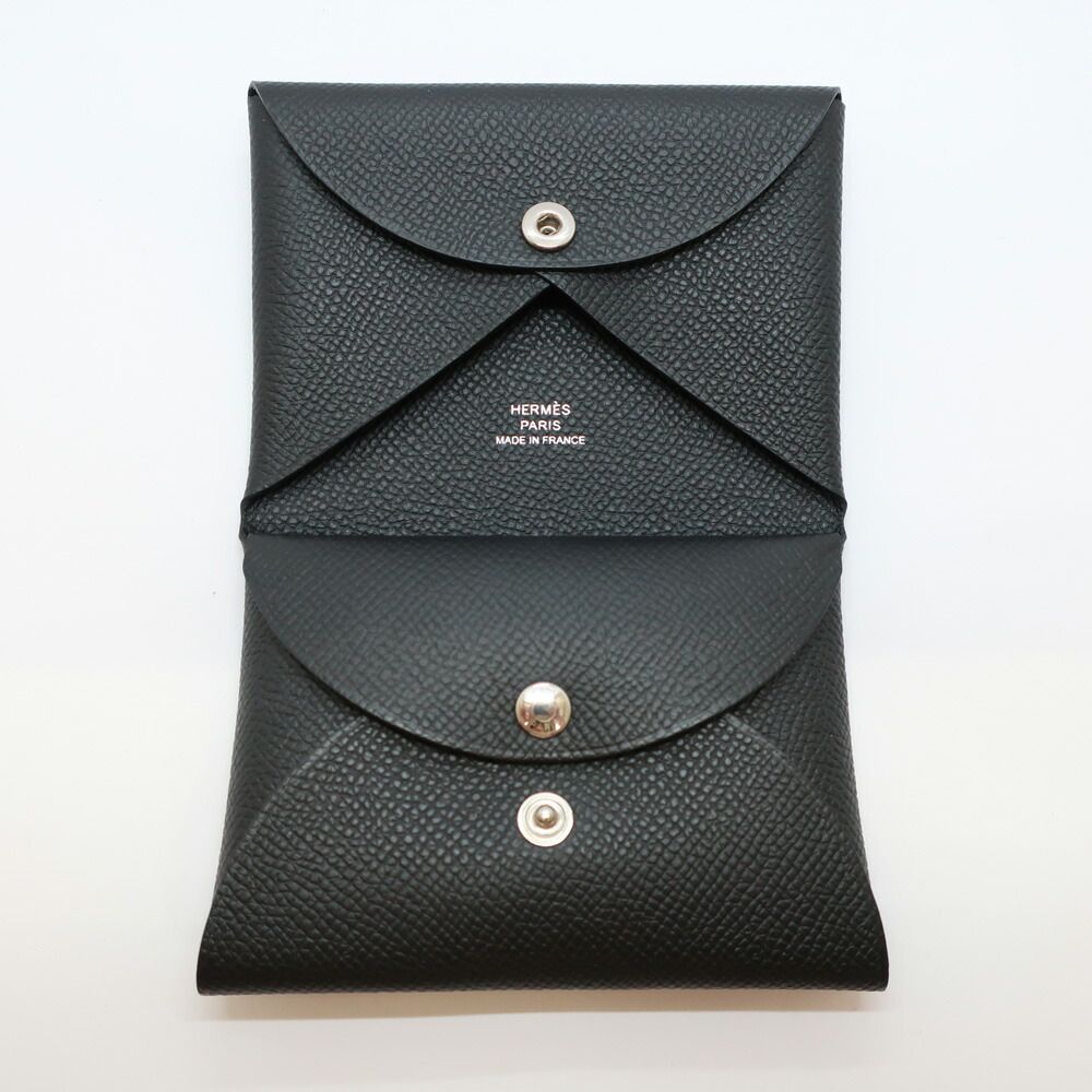 Hermes Heaven Calviduo Epsom Black Coin Purse Card Case Silver Manufactured — view 3