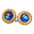 Chanel CC Logo Gripoix Vintage Round Earrings Gold Blue Plated Glass