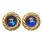 Chanel CC Logo Gripoix Vintage Round Earrings Gold Blue Plated Glass — view 2