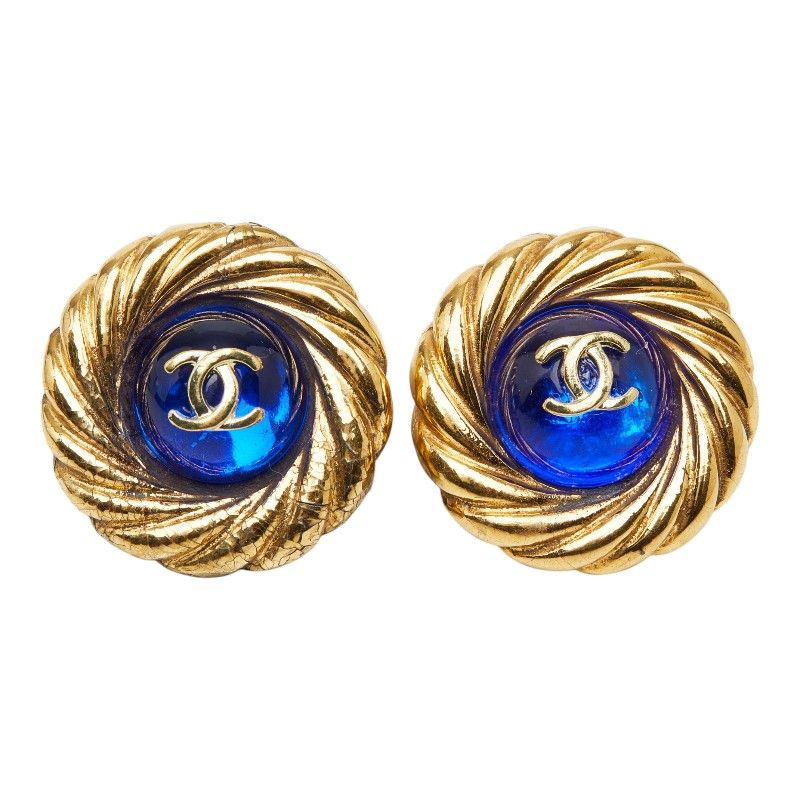 Chanel CC Logo Gripoix Vintage Round Earrings Gold Blue Plated Glass — view 2