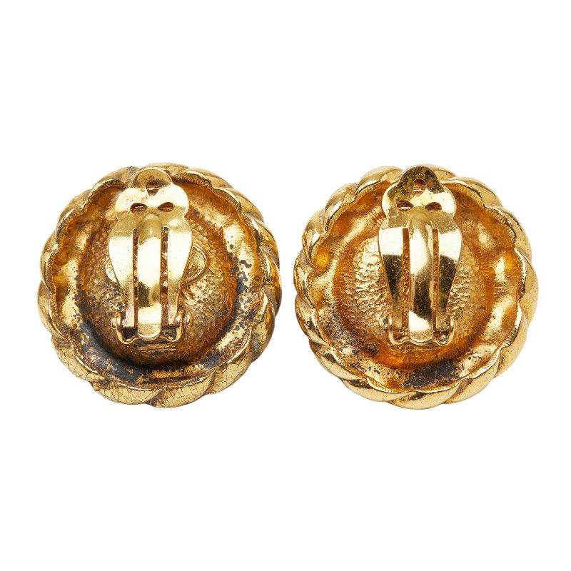 Chanel CC Logo Gripoix Vintage Round Earrings Gold Blue Plated Glass — view 3