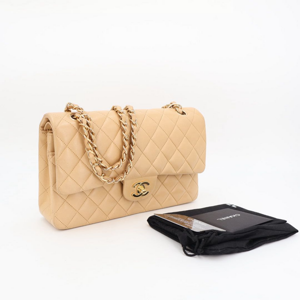 Chanel Quilted 25 Chain Shoulder Bag Double Flap Beige Lambskin