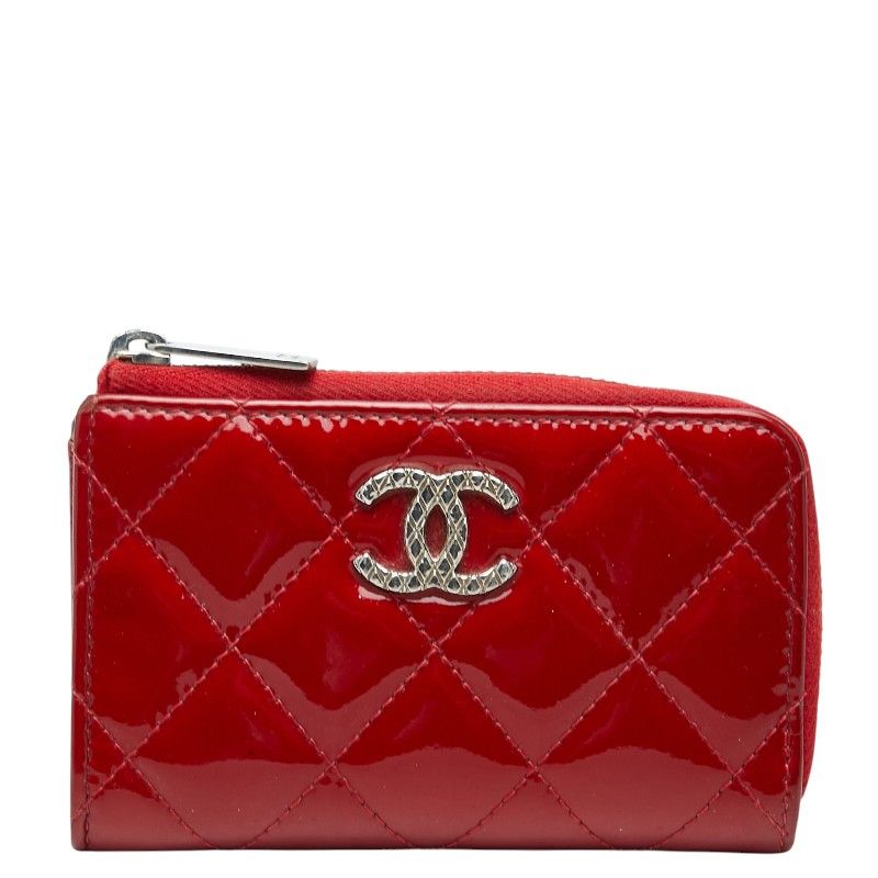 Chanel CC Logo Quilted L-shaped Zipper Coin Purse Red Patent Leather