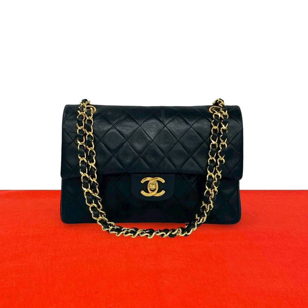 Chanel Quilted CC Logo Double Flap Lambskin Chain Shoulder Bag Black