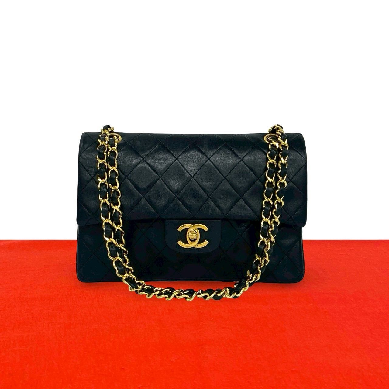 Chanel Quilted CC Logo Double Flap Lambskin Chain Shoulder Bag Black