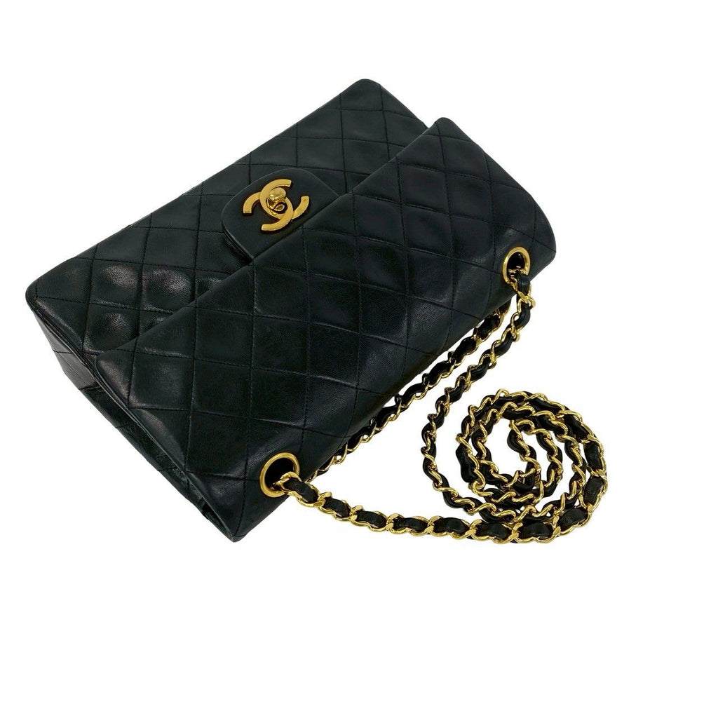 Chanel Quilted CC Logo Double Flap Lambskin Chain Shoulder Bag Black — view 4