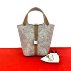 Hermes Picotin Lock PM Felt Swift Leather Handbag Gris Perle Gold with