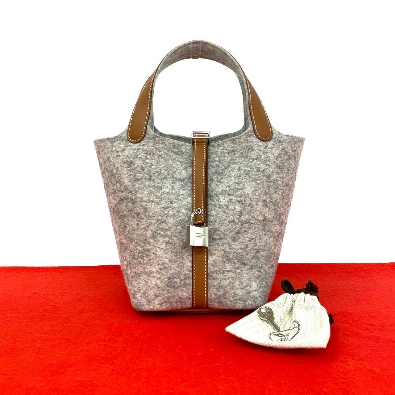 Hermes Picotin Lock PM Felt Swift Leather Handbag Gris Perle Gold with