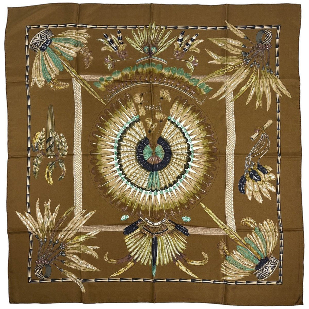 Hermes Carre 90 Brazil Scarf Silk Brown Multicolor
