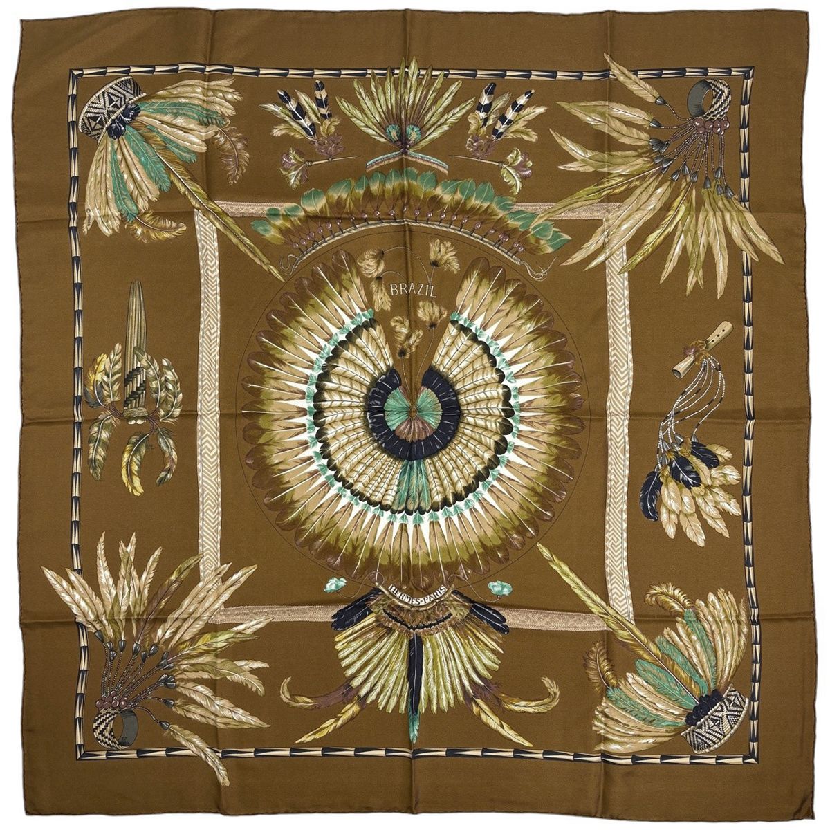 Hermes Carre 90 Brazil Scarf Silk Brown Multicolor