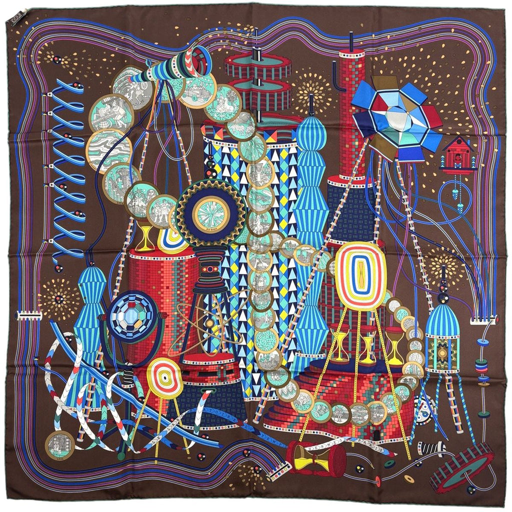 Hermes Carre 90 le Laboratoire du Temps Time Laboratory Scarf Silk Brown