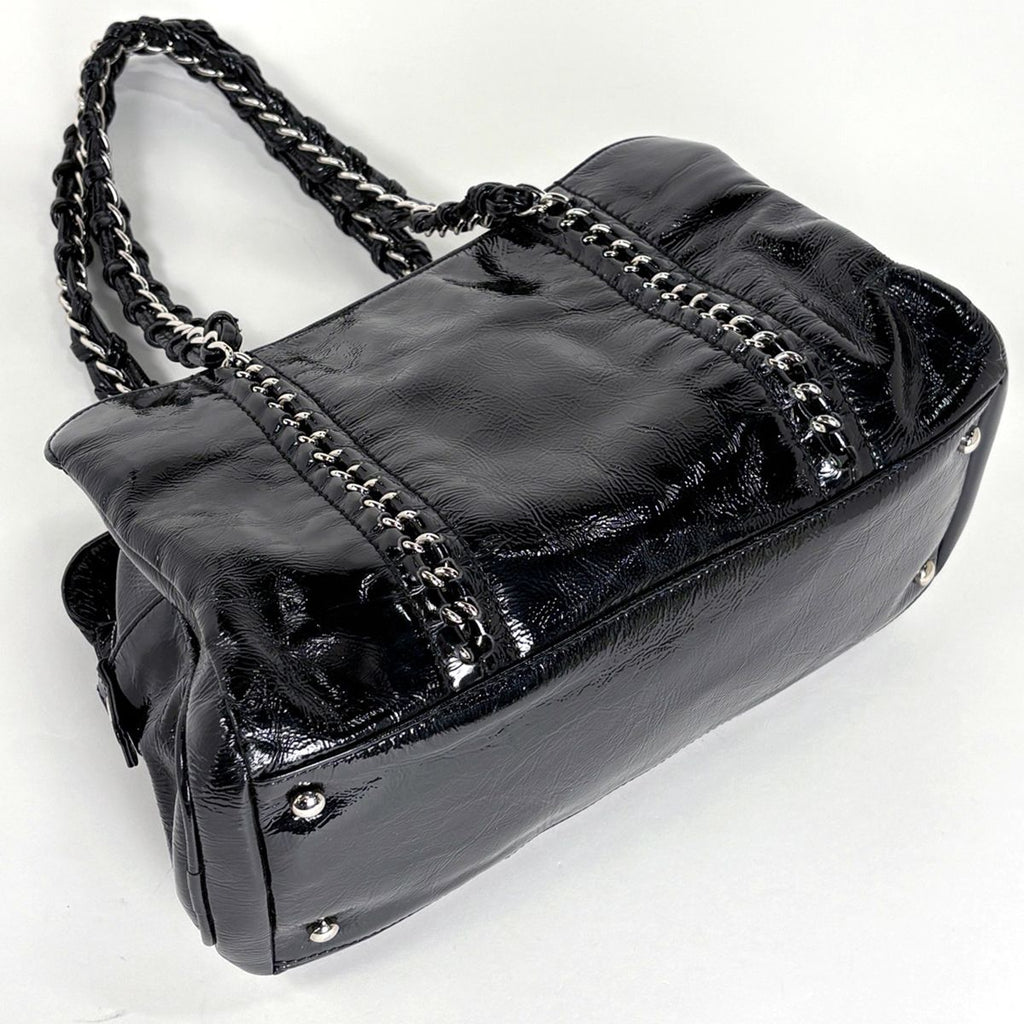 Chanel CC Logo Chain Shoulder Bag Enamel Patent Leather Black — view 2