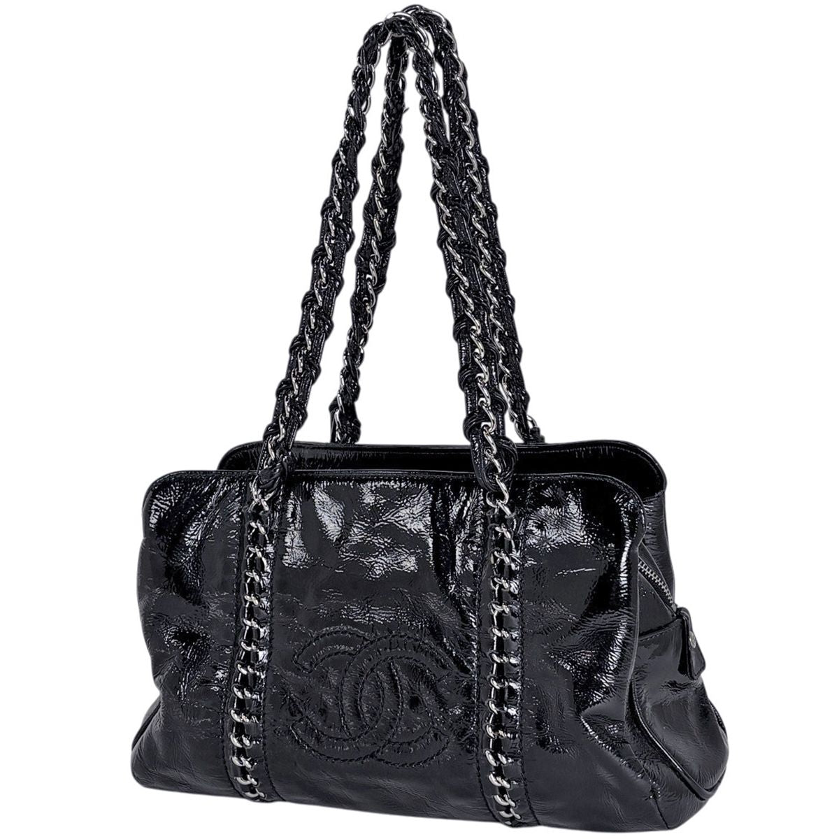 Chanel CC Logo Chain Shoulder Bag Enamel Patent Leather Black