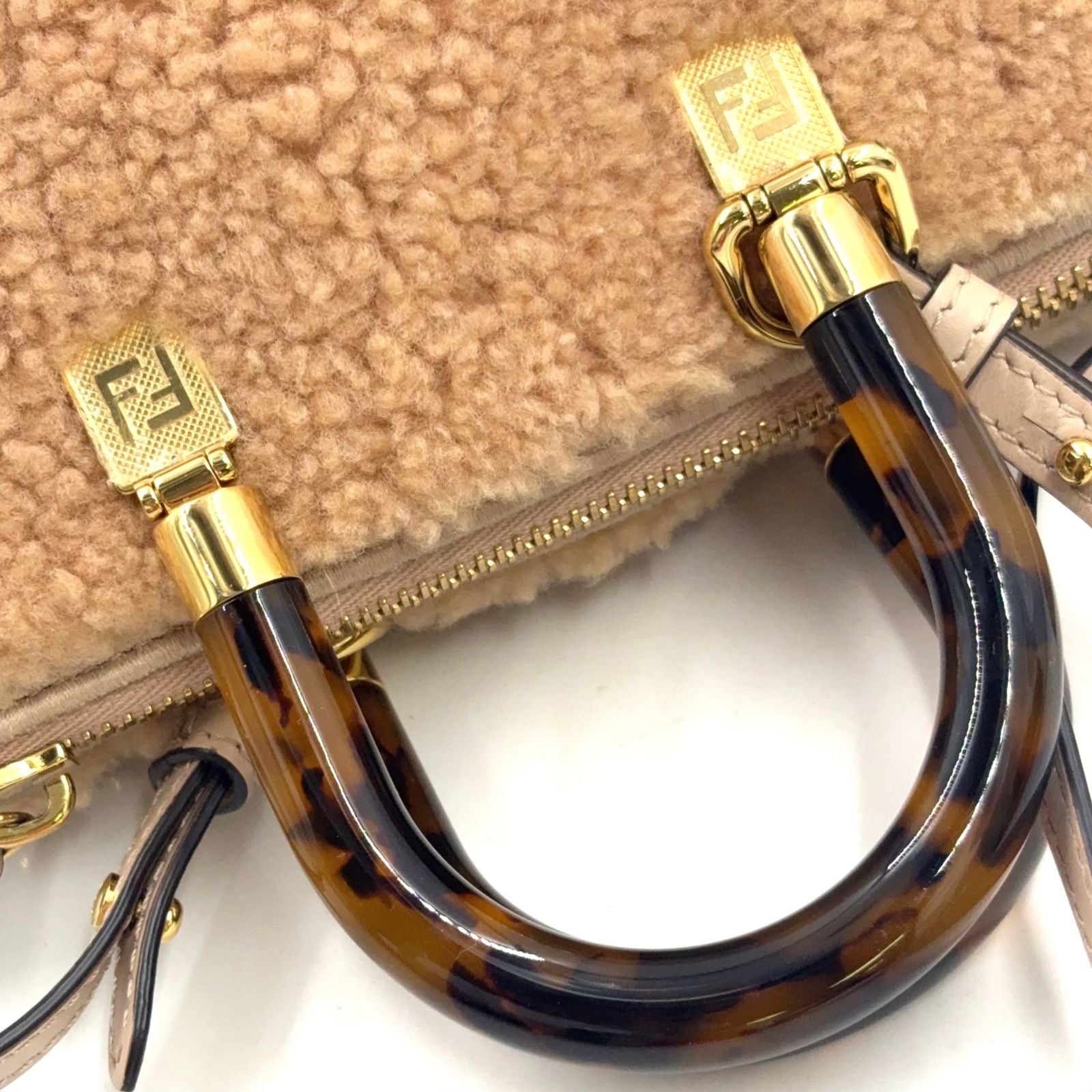 Fendi by the Way Mini Shoulder Shearling Calfskin Brown Beige Handbag Gold — view 6
