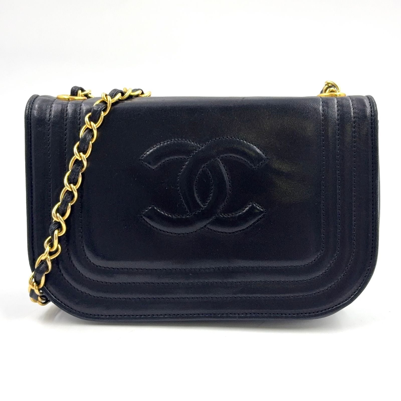 Chanel CC Logo Stitch Chain Leather Black Shoulder Bag Gold