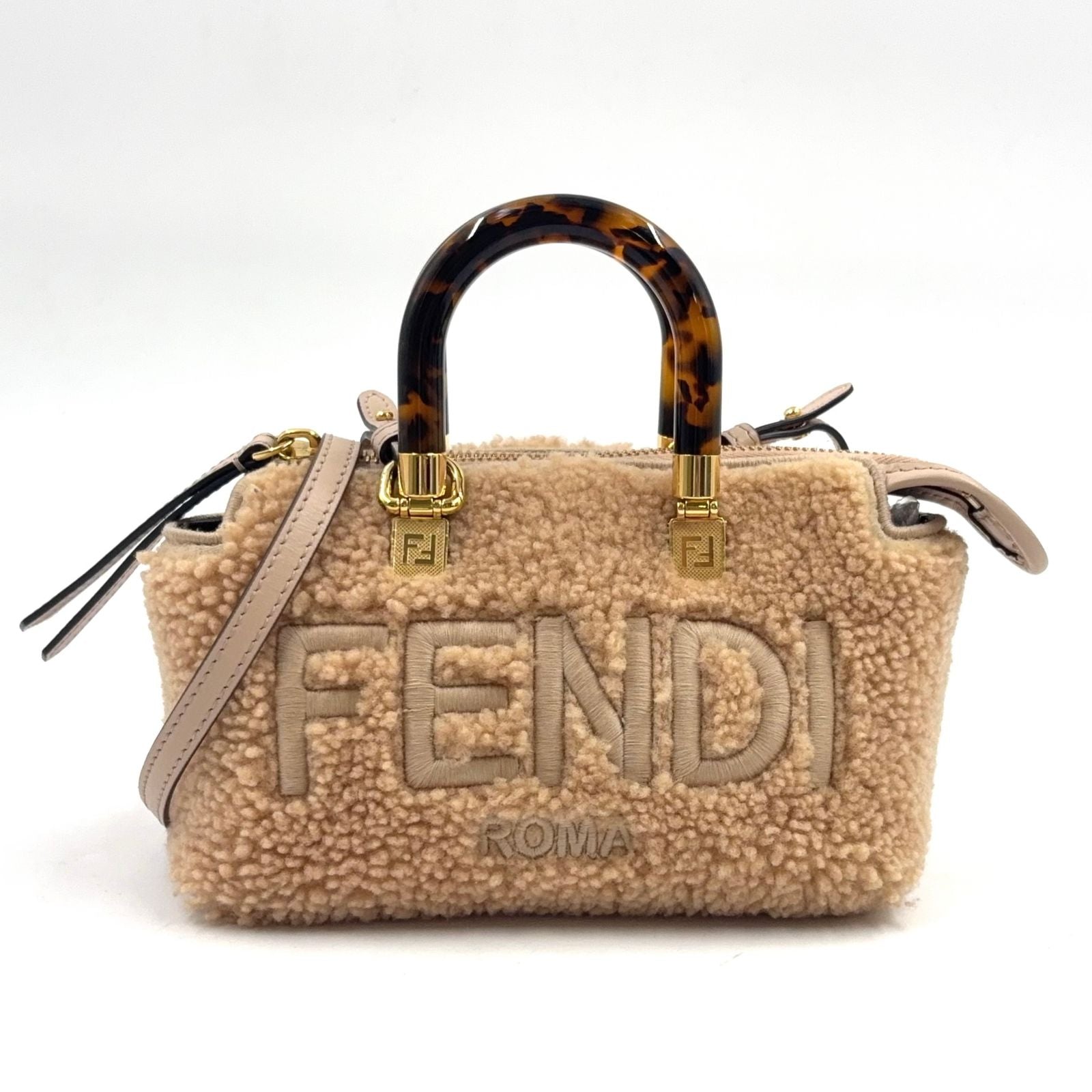 Fendi by the Way Mini Shoulder Shearling Calfskin Brown Beige Handbag Gold