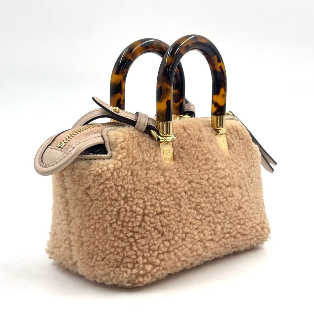 Fendi by the Way Mini Shoulder Shearling Calfskin Brown Beige Handbag Gold — view 2