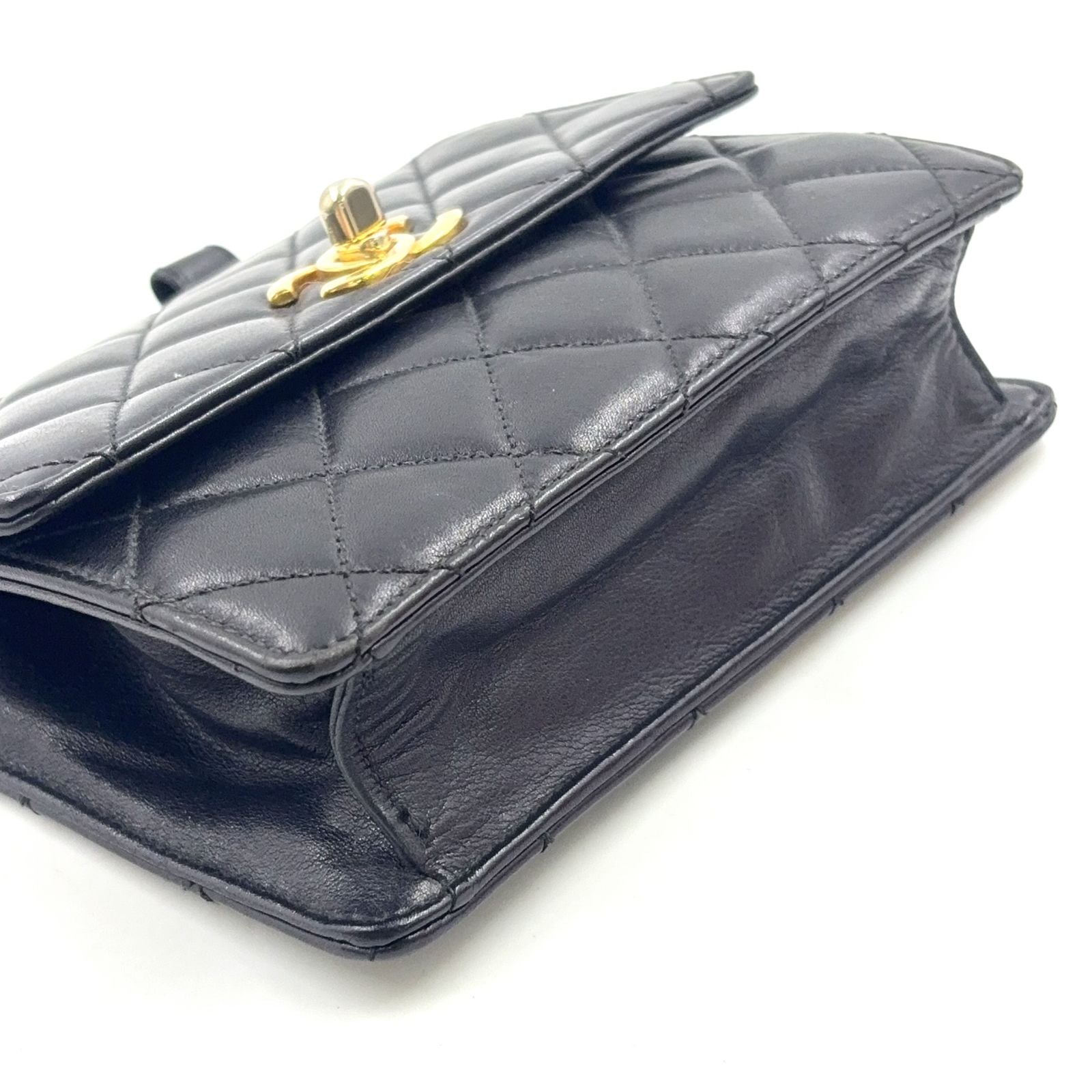 Chanel Quilted Belt Lambskin Black Bag Gold — view 8