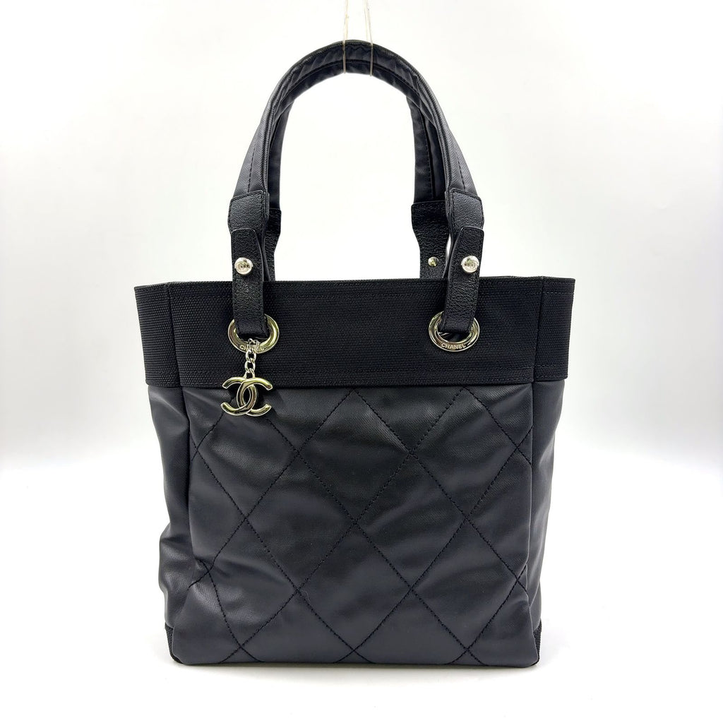 Chanel Paris Biarritz PM Leather Canvas Tote Silver