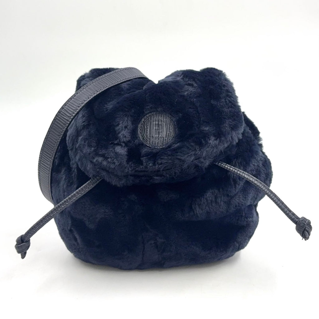 Fendi Vintage FF Logo Patch Drawstring Fur Leather Fur Navy Shoulder Bag Gold