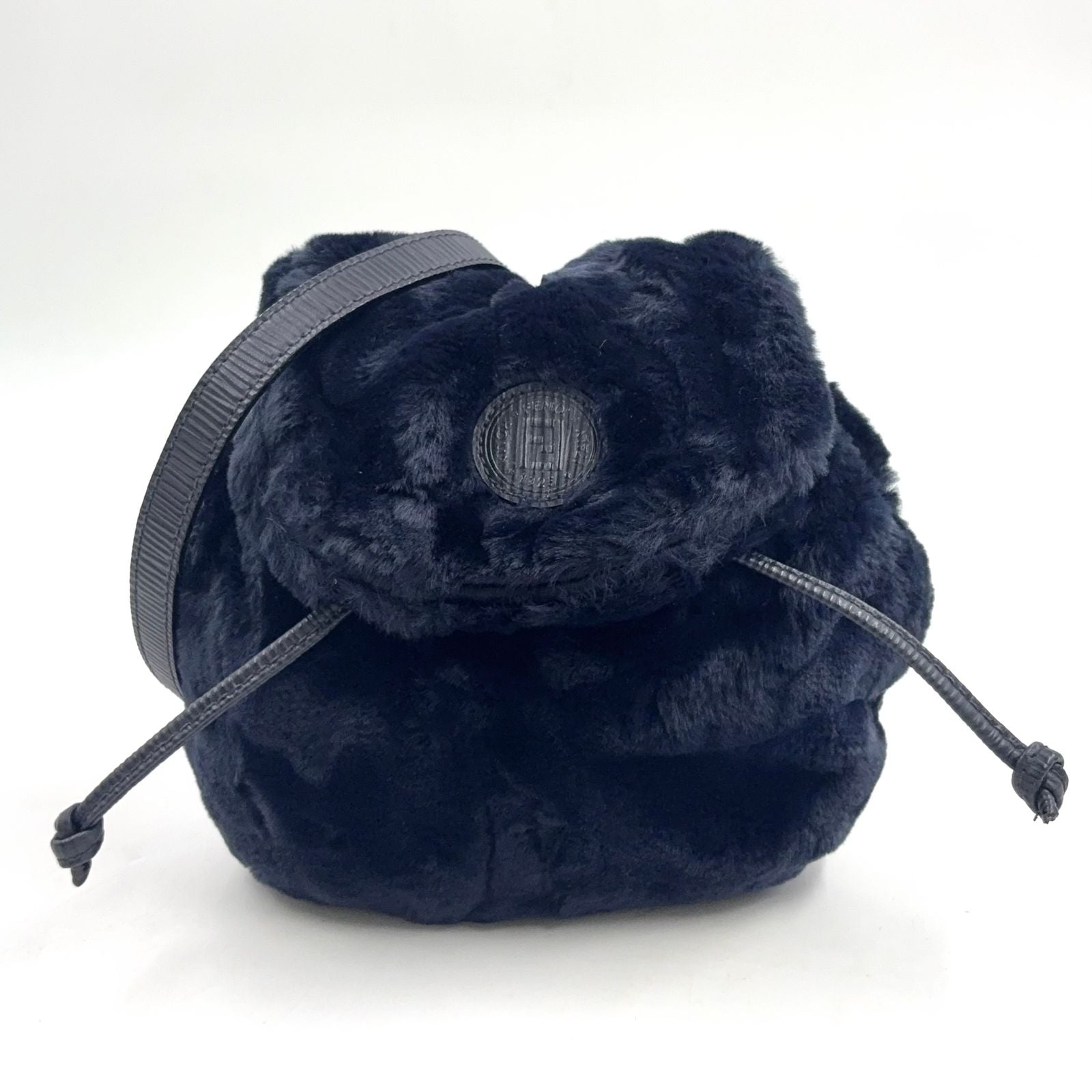 Fendi Vintage FF Logo Patch Drawstring Fur Leather Fur Navy Shoulder Bag Gold