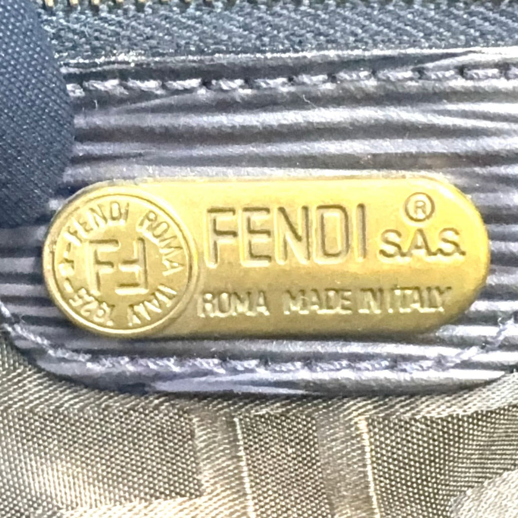 Fendi Vintage FF Logo Patch Drawstring Fur Leather Fur Navy Shoulder Bag Gold — view 4