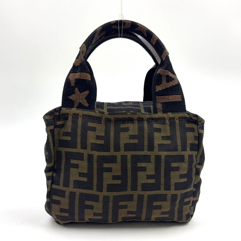 Fendi Zucca Pattern Leather Nylon Khaki Brown Mini Handbag Silver