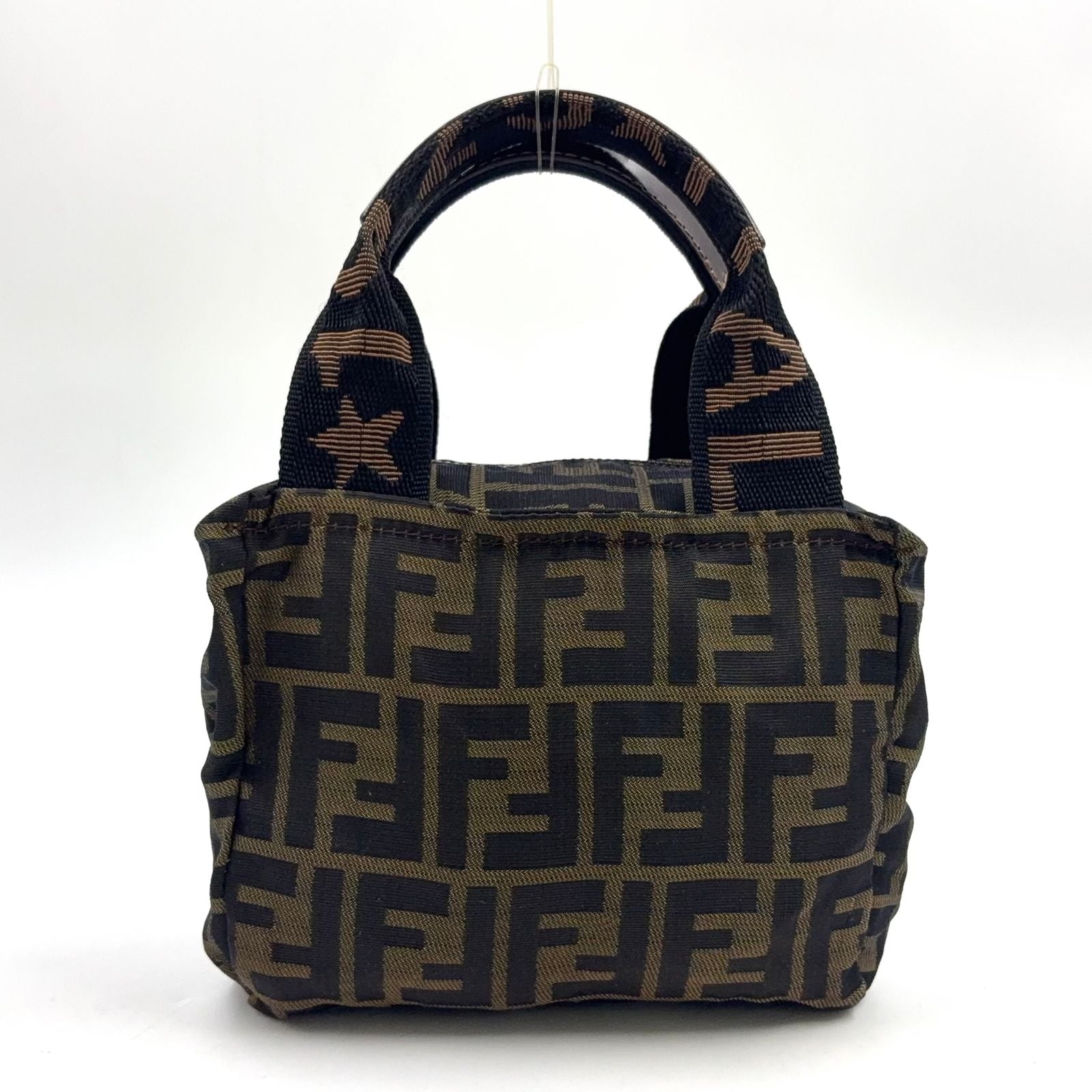 Fendi Zucca Pattern Leather Nylon Khaki Brown Mini Handbag Silver