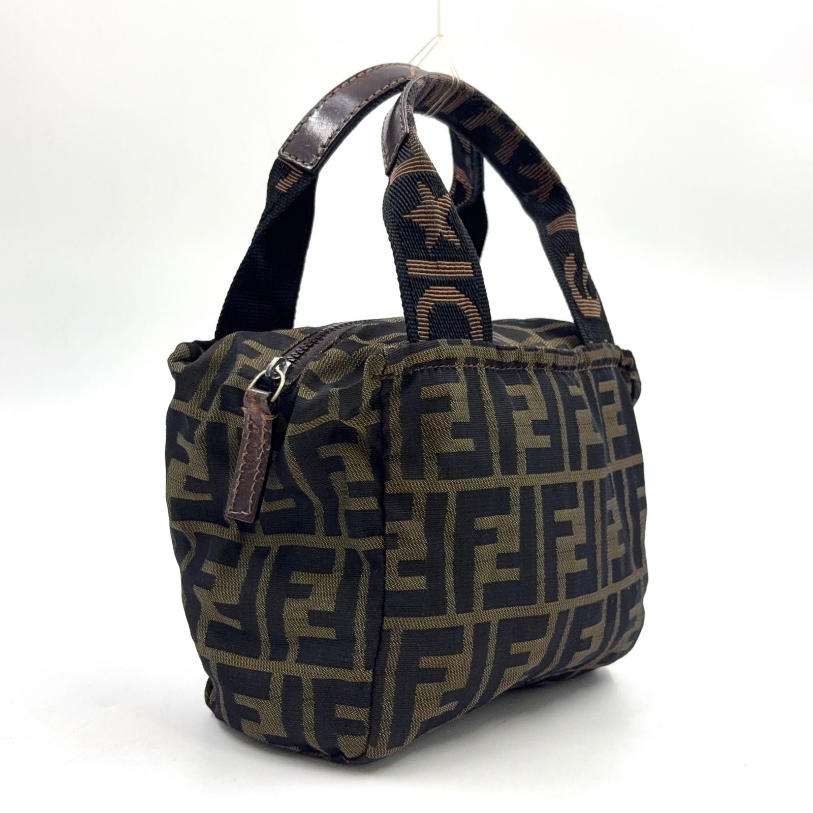 Fendi Zucca Pattern Leather Nylon Khaki Brown Mini Handbag Silver — view 2