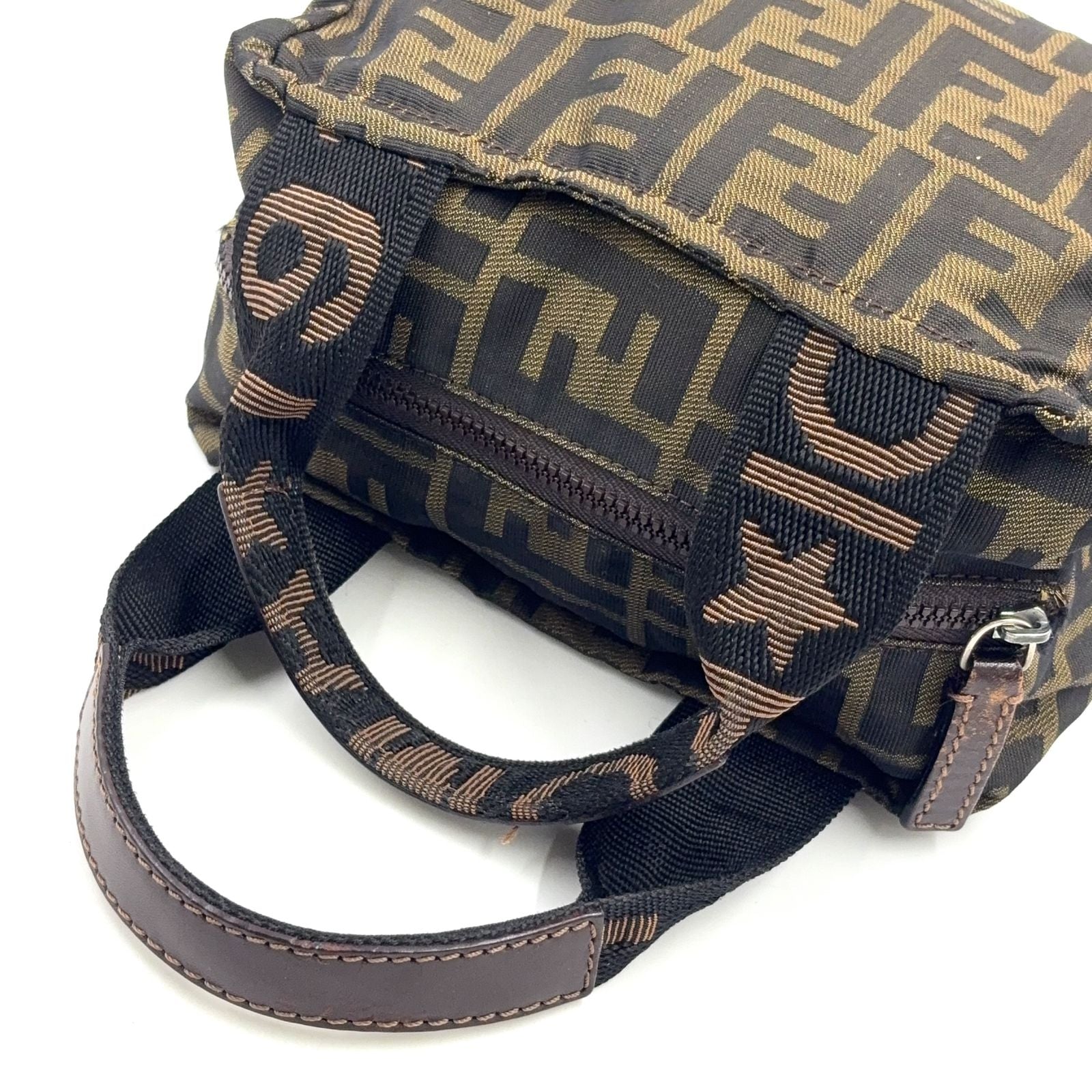 Fendi Zucca Pattern Leather Nylon Khaki Brown Mini Handbag Silver — view 9