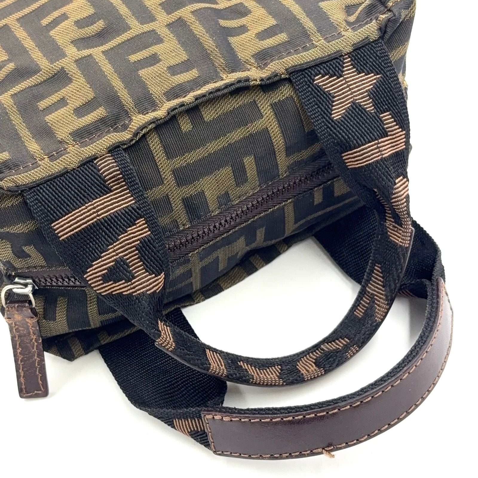 Fendi Zucca Pattern Leather Nylon Khaki Brown Mini Handbag Silver — view 8