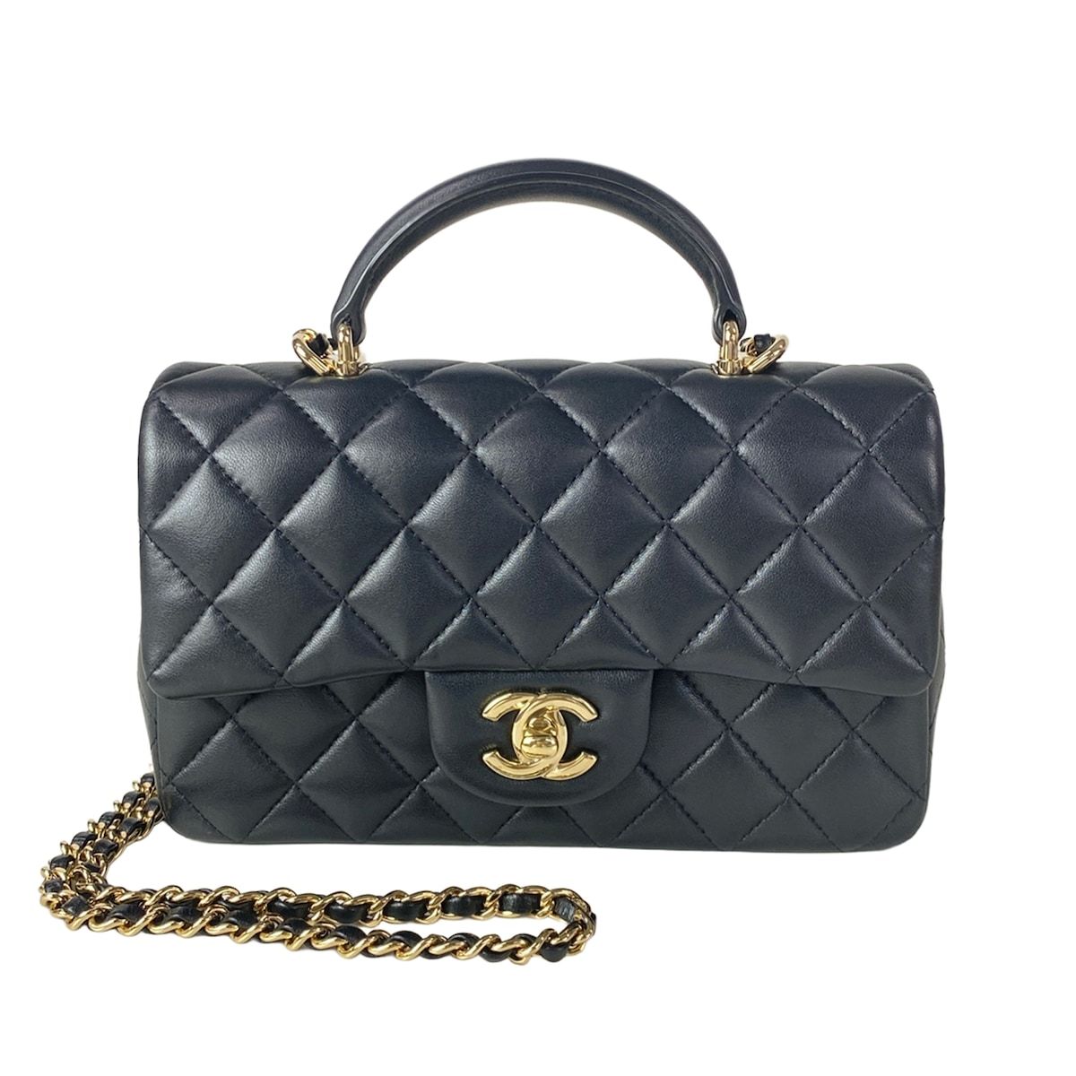 Chanel Shoulder Bag Quilted Top Handle Mini Flap Black Chain Champagne Gold