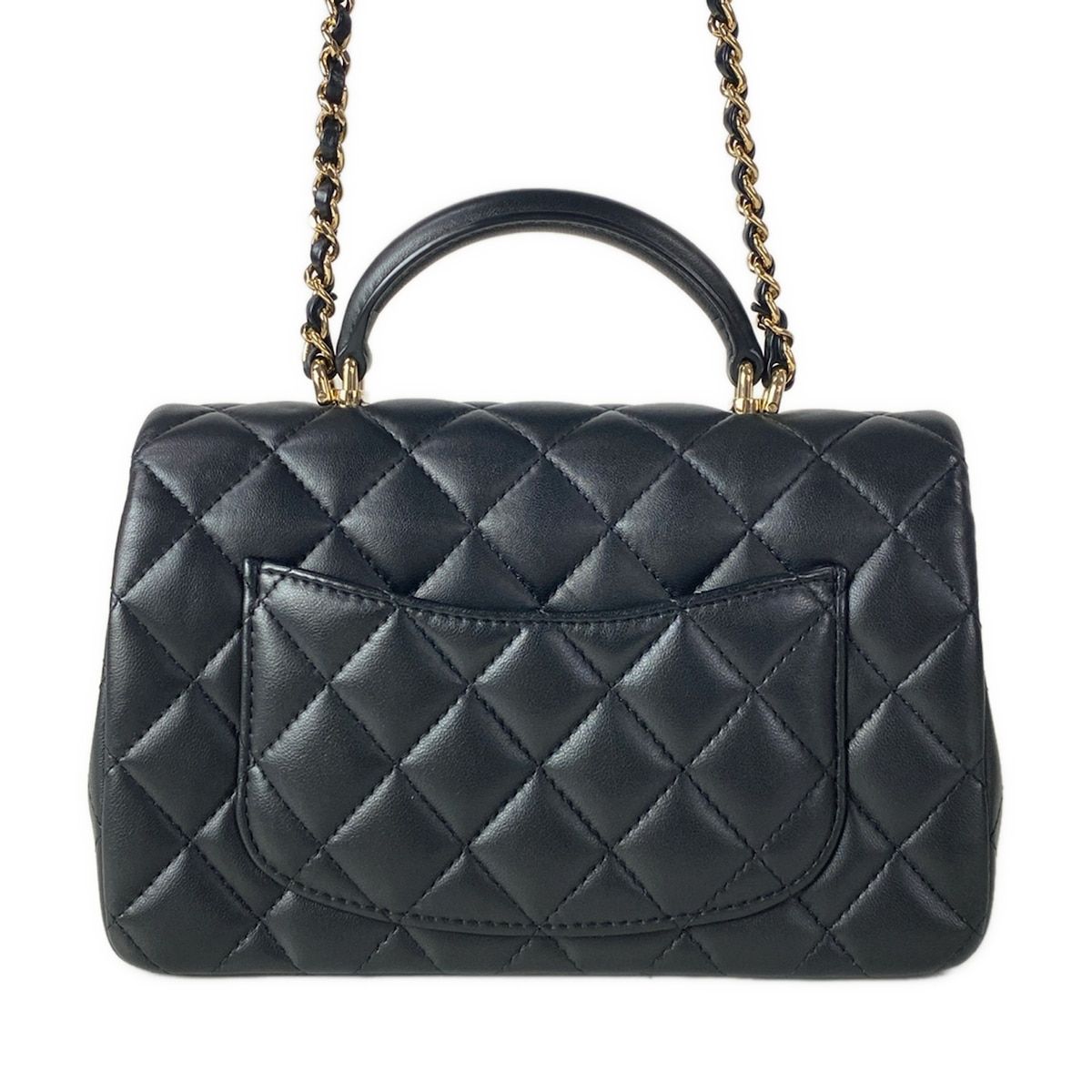 Chanel Shoulder Bag Quilted Top Handle Mini Flap Black Chain Champagne Gold — view 3