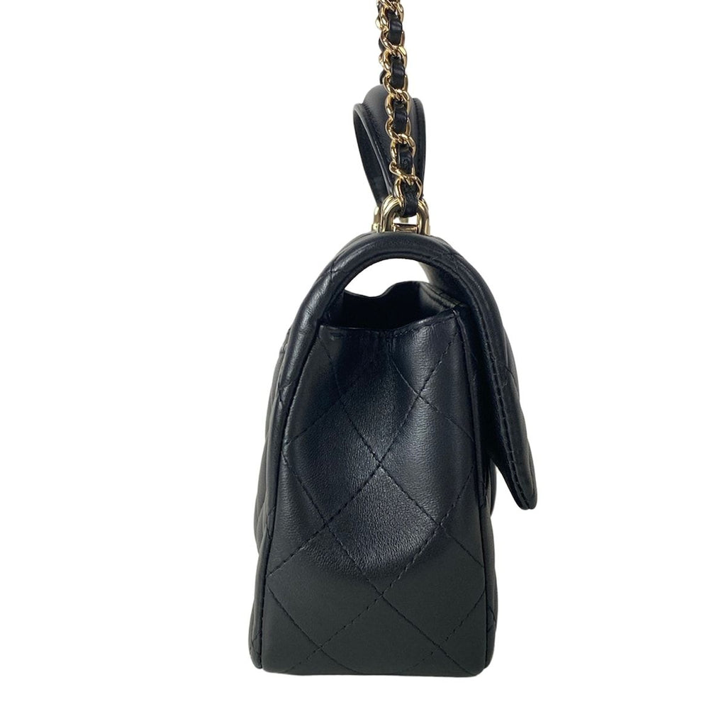 Chanel Shoulder Bag Quilted Top Handle Mini Flap Black Chain Champagne Gold — view 2